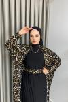 Leopar Desen Abaya Elbise  Siyah